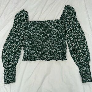 Reformation Deep Green floral off the shoulder crop top.
